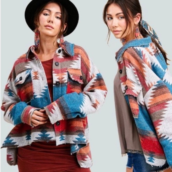 NEW! La Miel Women’s Southwestern Aztec Blanket Shacket Button Up Jacket - Picture 2 of 7